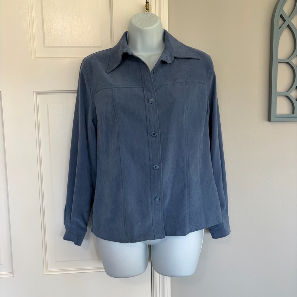 Petite Sophisticate Dusty Blue Button Front Top - Picture 1 of 4